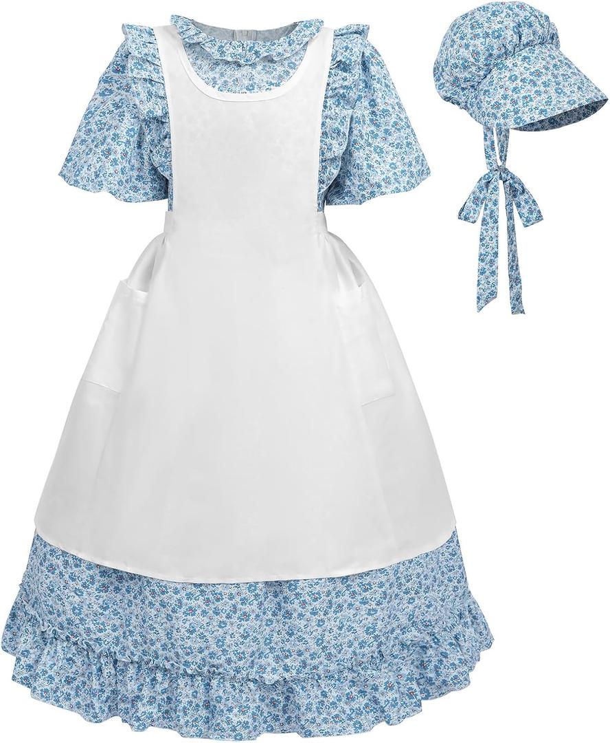 LTAKK Pioneer Dress Girls Colonial Costume Prairie Pilgrim Girl Dresses with Apron and Bonnet Small