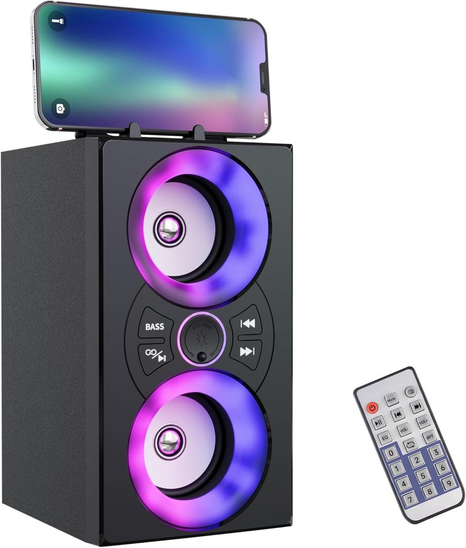 Portable Bluetooth Speaker with TWS, Lights, Remote Control and Phone Holder,Multiple Inputs for Music Playback,20W Wireless Subwoofer, TF Card Slot, USB Port, AUX Input, Type C Cable