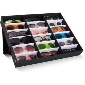 Juvale 18 Slot Sunglass Organizer, Display Case Storage for Women and Men, Eyeglasses (Black, 18.7 x 14.9 x 2.4 In)