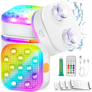 Pool Lights, Rechargeable Submersible LED with Remote, IP68 Waterproof,16 Colors Tub Pool Lights with Glue, Suction Cups for Above Ground Inground Pool Bathtub Pond Party Decoration-4 Pack