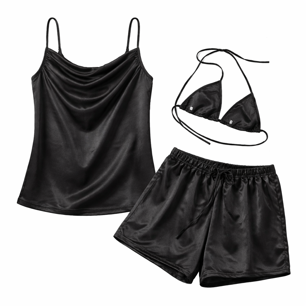 Black Satin Pajama Set (Medium, Black)