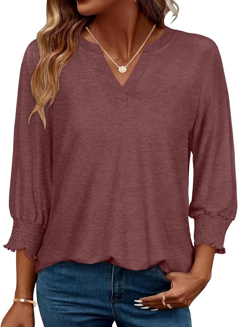 3/4 Sleeve Tops for Womens V Neck T Shirts Dressy Casual Tunic Blouses (M)