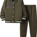 Cakaner Boys Color Block Button Down Shirt and Jogger Pants Button Up Sweatsuits Sets (Size: 5-12T) (6-7 Years, Green)