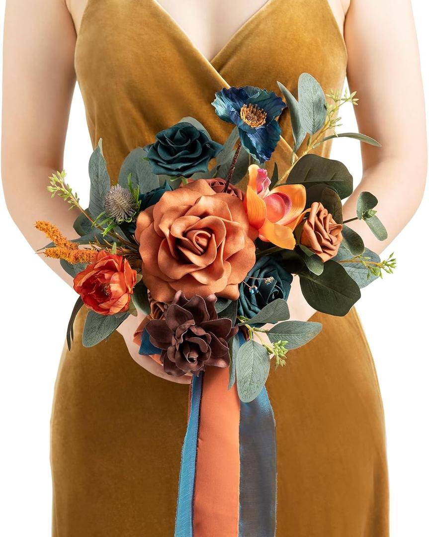Ling's Moment Artificial Flowers Teal Bridesmaid Bouquet, Burnt Orange Wedding Flowers Bouquets for Bridesmaids, 7 Inch Bridal Bouquets for Bridesmaids, Wedding Decor, Ceremony, etc.
