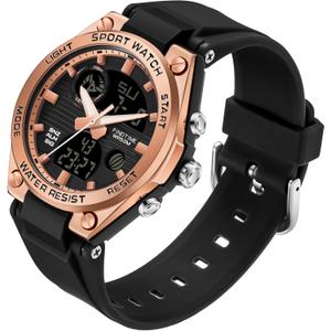 findtime Womens Digital Watch Sport Waterproof Watch Analog Military Tactical Watches LED Backlight Alarm Stopwatch Wrist Watches (Black Rose Gold)