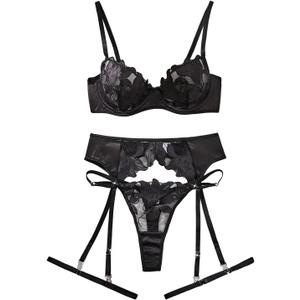 Lilosy Sexy Leaf Floral Embroidered Mesh Sheer Women Underwire Push Up Lingerie Set (Medium, Flower Black)