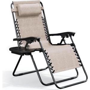 Nestl Zero Gravity Chairs, Portable Patio Lounge Chair Outdoor with Pillows & Cup Holder Trays, Adjustable Steel Mesh Reclining Camping Chair, Folding Patio Lawn Chair for Deck, Beach, Yard - Beige