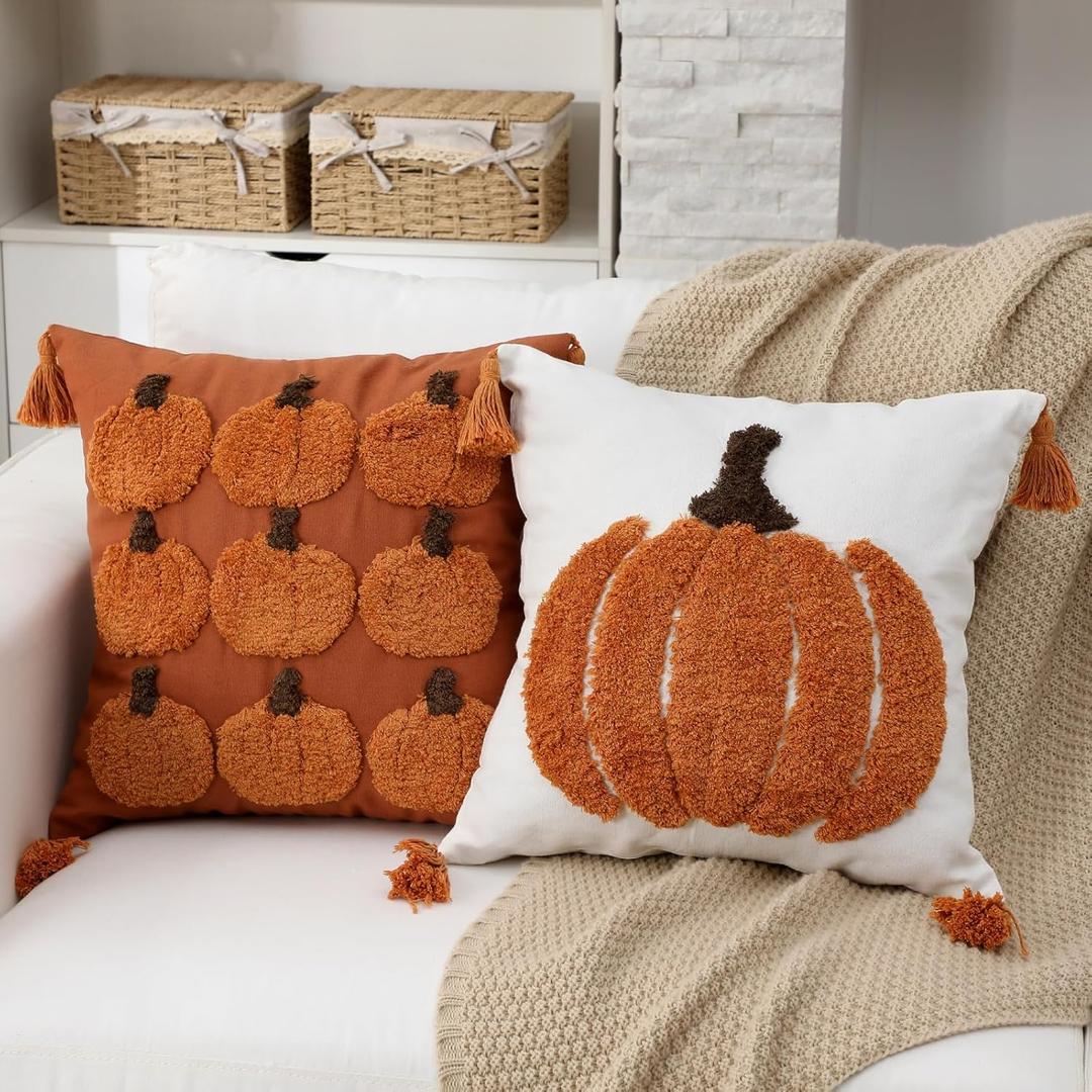 2 Pcs Thanksgiving Fall Pillow Covers 18 x 18 Inch Farmhouse Pumpkin Decorative Throw Cozy Pillow Cover Embroidered Fluffy Autumn Pillowcase Thanksgiving Decor for Home Sofa Cushion Couch