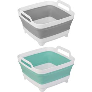 2 Pack Dishpan for Washing Dishes, 2.4Gal/9L Wash Basin with Draining Plug Carry Handles, Collapsible Bucket for Cleaning, Portable Sink, Foldable Plastic Tub (Green and Grey)