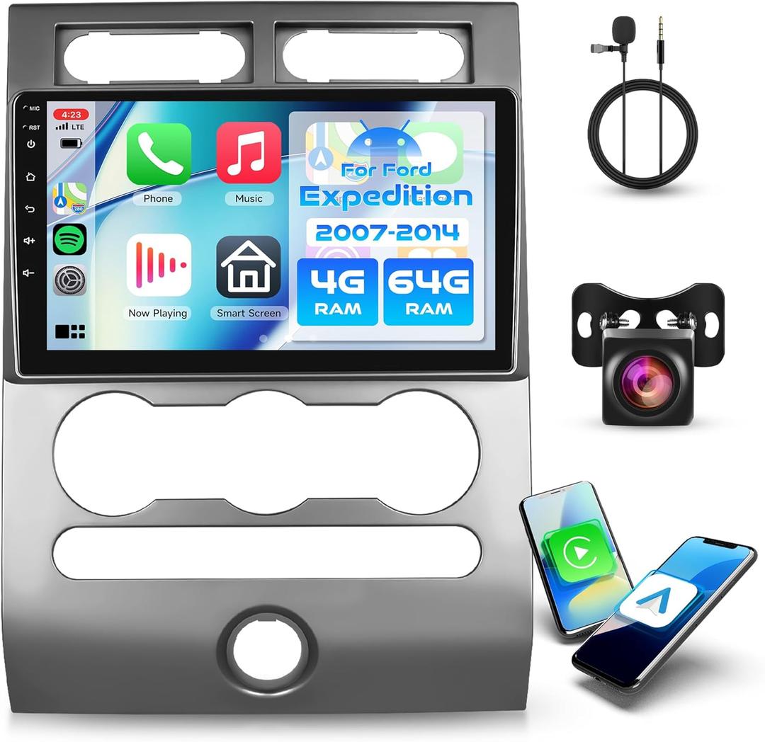 Rimoody 4G+64G Android Car Stereo Radio for Ford Expedition 2007-2014 (Manual A/C) with Wireless Carplay Android Auto, 9'' Touchscreen Head Unit GPS Bluetooth 5G-WiFi FM/RDS EQ-32 Backup Camera SWC