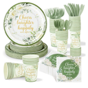 350 Pcs Eucalyptus Leaves Bridal Shower Paper Plates Napkins Cups Disposable Sage Green Tableware Set With Knives Forks Cheers to Love Party Favors for 50 Guest Wedding Engagement Decor
