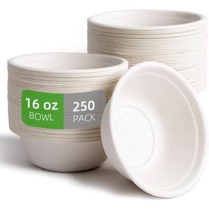 Disposable Paper Bowls-16oz for Hot Soup, 250 Pack Eco-Friendly, Compostable Bagasse Disposable Heavy Duty Biodegradable Bowls Bulk for Hot and Cold Food, Salad, Milk Cereals (White)