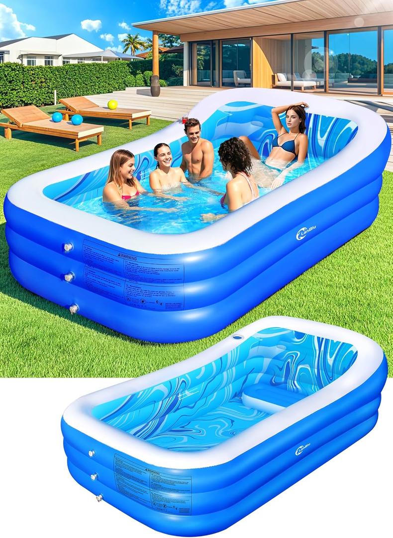Inflatable Pool with Big Backrest and Seat,Oversized Thickened Large Blow Up Pool for Adults,Inflatable Backyard Pools for Kid and Adult, Durable Swimming Pools Summer Water Party (98"x63"x21.6", Blue)