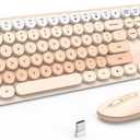 Wireless Keyboard and Mouse, Silent Keyboard Mouse Combo, Full-Sized Colorful Typewriter Keyboard with Round Keycaps, 2.4G Cute Mouse Compatible with PC, Laptop, Computer, Milk Tea