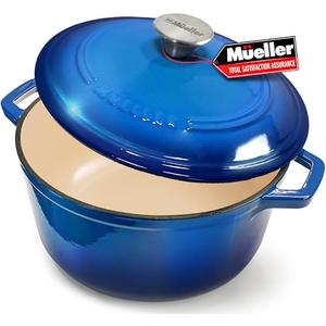 Mueller 6qt Enameled Cast Iron Dutch Oven, Heavy-Duty Casserole and Braiser Pan with Lid and Knob, Safe for All Cooktops, Aqua Blue