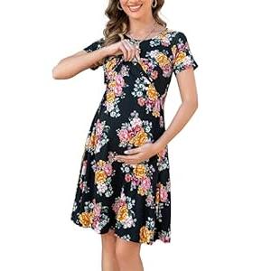 Womens Nursing Dresses Breastfeeding Short Sleeve Drawstring Maternity Nursing Dress with Pockets, L