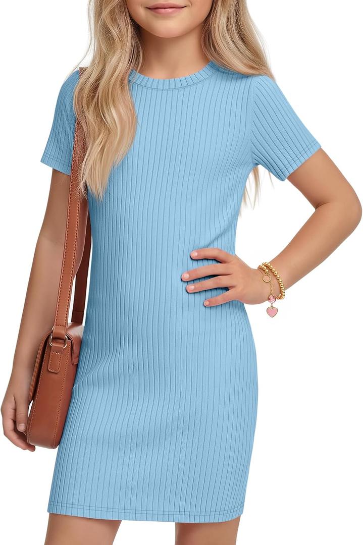 LessonZoo Girl's Short Sleeve Dress Ribbed Crewneck Bodycon Mini Pencil Dress Teen Party Dance Summer Slim Fit Clothes(Light Blue,9-10 Years)