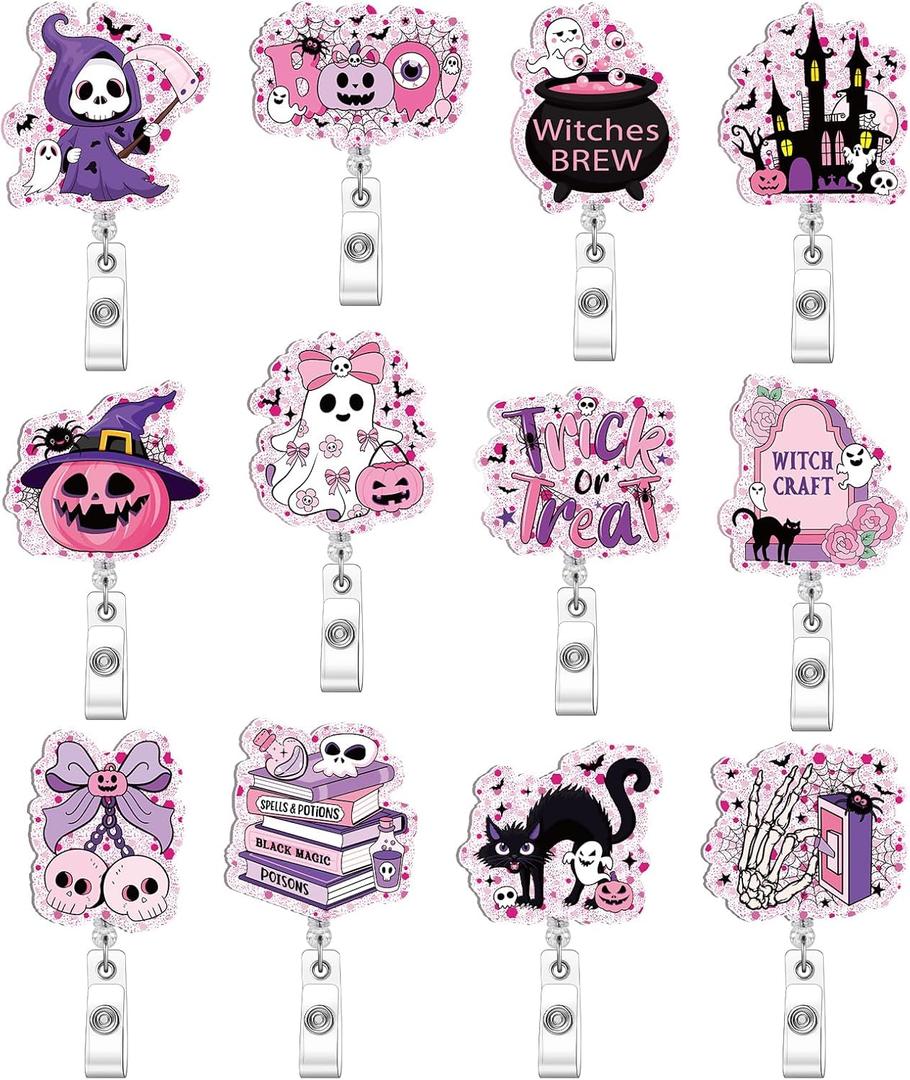Kosiz 12 Pcs Halloween Badge Reels Cute Ghost Pink Pumpkin Haunted House Retractable ID Badge Holder with Alligator Clip Nurse Gifts for Nurses Doctors Rn Medical Office