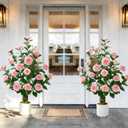 2 Pack 38" Artificial Camellia Tree, Artificial Plants Outdoor Faux Plants in Pot, Artificial Flower for Outdoors Front Porch Decor, Fake Tree Plant Faux Flowers for Indoor Outdoor Home Decor, Pink