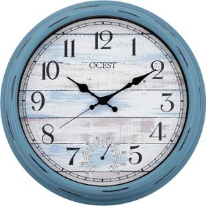 OCEST 16 Inch Indoor Outdoor Clock, Waterproof Large Wall Clock with Thermometer, Silent Non-Ticking Battery Operated Decor for Patio Pool Porch Garden GarageBlue