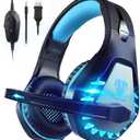 Gaming Headset with Microphone for PC, PS4, PS5, Headset Noise Cancelling Gaming Headphones for Switch, Laptop, Mac, Xbox Series X/S, Headphones with LED Lights, Deep Bass for Kids Adults, Black Blue