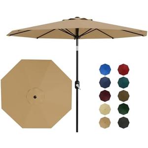 ChicCoutured 9Ft Patio Umbrella - 8 Sturdy Ribs Outdoor Table Umbrella with Crank Lift & Push Button Tilt - Market Umbrella for Pool, Deck, Yard, Garden - Tan