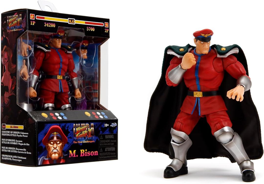 Jada Toys  Street Fighter II M. Bison Action Figure Wave 2  1:12 Scale, 6" Tall, Interchangeable Heads, Hands, Purple Fire Accessory