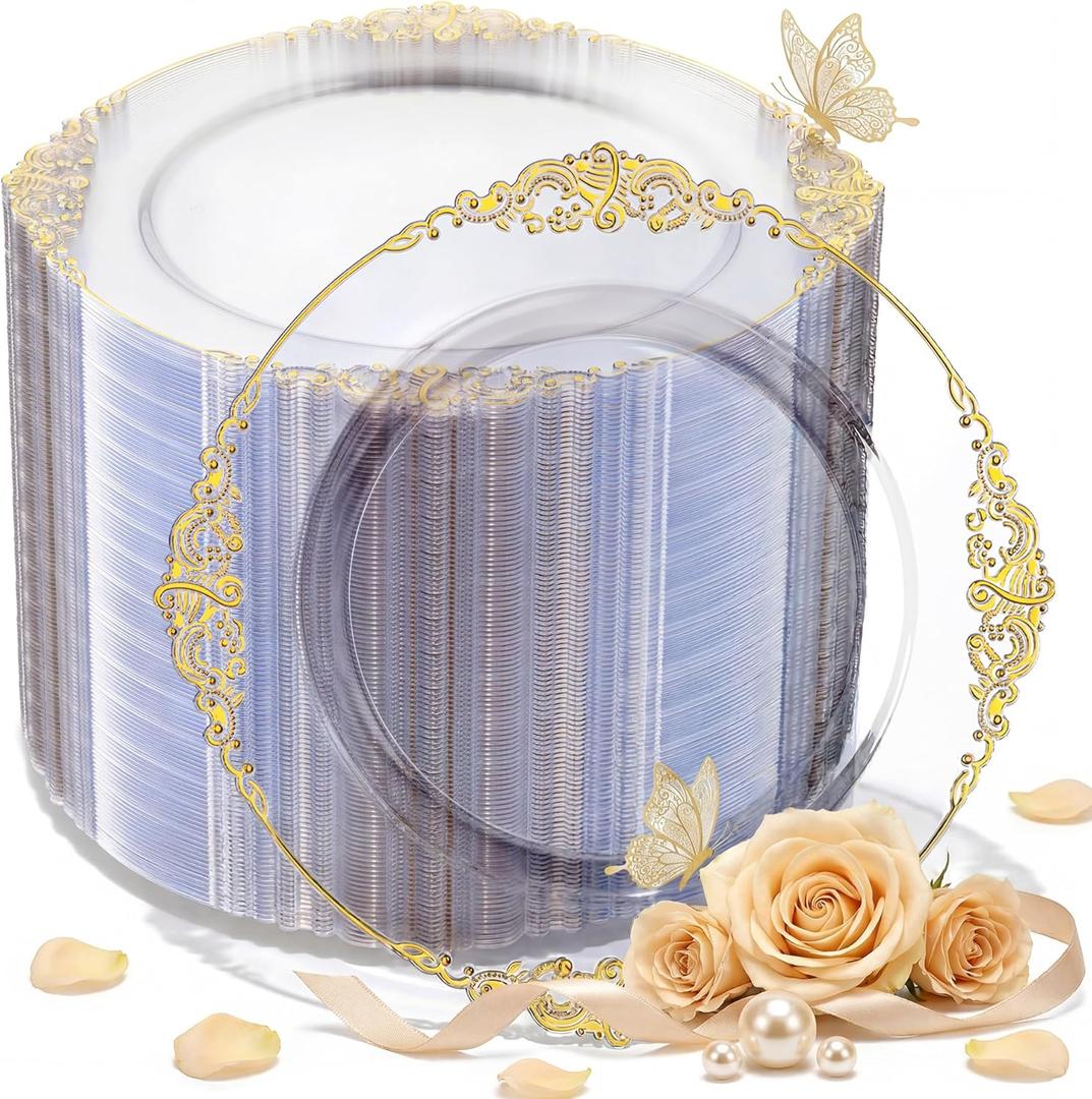 Morejoy 100 Pieces Gold Plastic Plates - Clear Gold Disposable Plates - 10.25inch Clear Plastic Dinner Plates With Gold Rim for Weddings & Parties & Shower