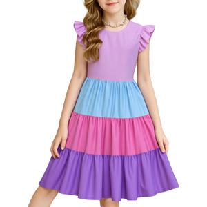 LQSZ Girls Summer Dresses with Ruffle Short Sleeve Midi Casual A-Line Twirly School Sundress Size 3-12 Years (7-8 Years)