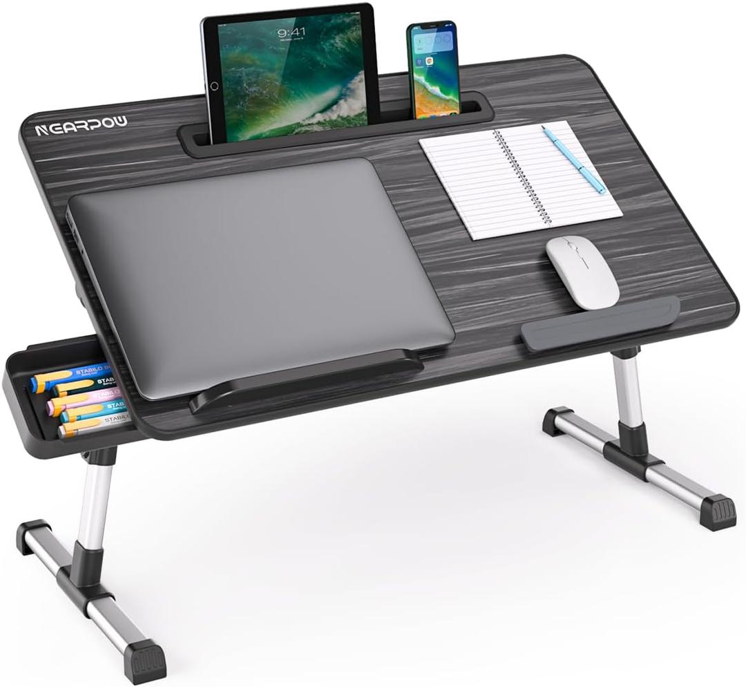 NEARPOW Laptop Bed Tray Table, Height & Angle Adjustable Portable Bed Table,Portable Computer Tray Laptop Stand for Bed W/Tablet Stand & Drawer, Foldable Lap Tablet Table for Sofa Couch Floor Writing (Dark Black)