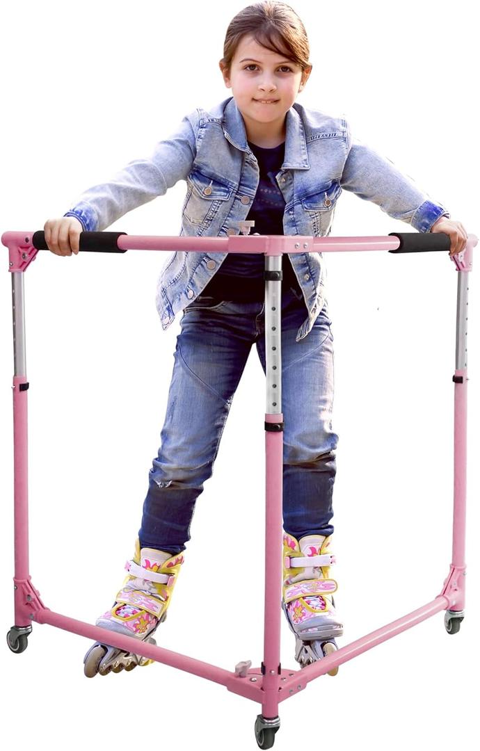 GanFindX Folding Skater Aid for Kids Roller Skating, Roller Skate Trainer for Kids Toddler Adjustable Height Training Walker (Pink)