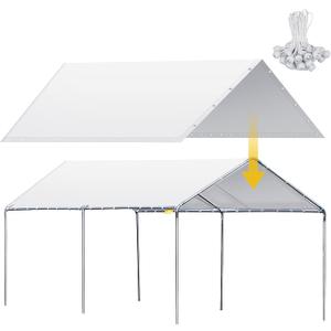 12 x 20 ft Heavy Duty Carport Canopy Waterproof Garage Car Shelter Tarp Tent for Car Canopy Replacement Cover with 50 Ball Bungees, Only Top Cover, Frame is Not Included White