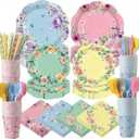 450 Pcs Floral Tea Party Tableware Set Decorations Scalloped Flower Paper Plates Napkins Cups Cutlery Straws for Pastel Garden Baby Bridal Shower Wedding Birthday Party Supplies, Serves 50