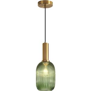KCO Lighting Green Ribbed Glass Pendant Light Kitchen Island Small Antique Brass Ceiling Pendant Light Mid Century Modern Dining Room Hanging Light Fixture Gold Globe Pendant Lighting (13cm)