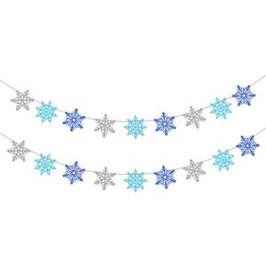 2 Pcs Glitter Snowflake Banner, Snowflake Winter Party Decorations, Snowflake Garland Christmas Party Decorations (Blue&Silver)
