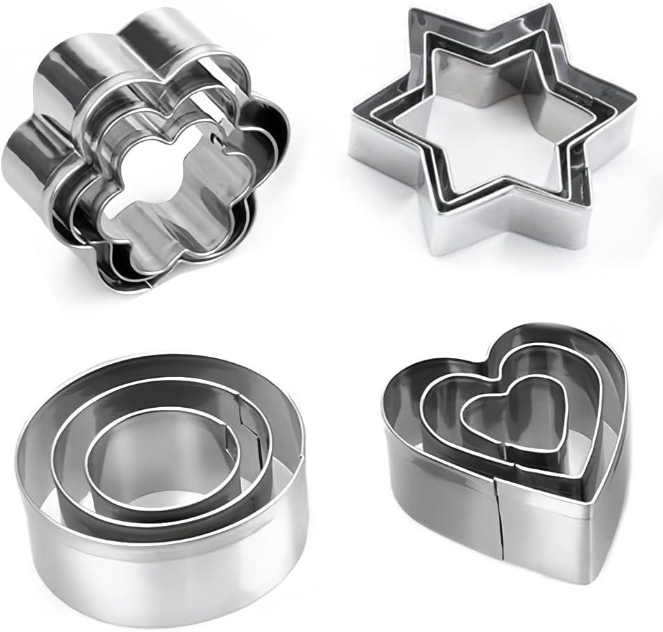 Mini Cookie Cutters Set of 12, Heart Flower Star Round Shapes Metal Cutter Stamp for Fruit Vegetable, Small Stainless Steel Biscuit Mold for Baking
