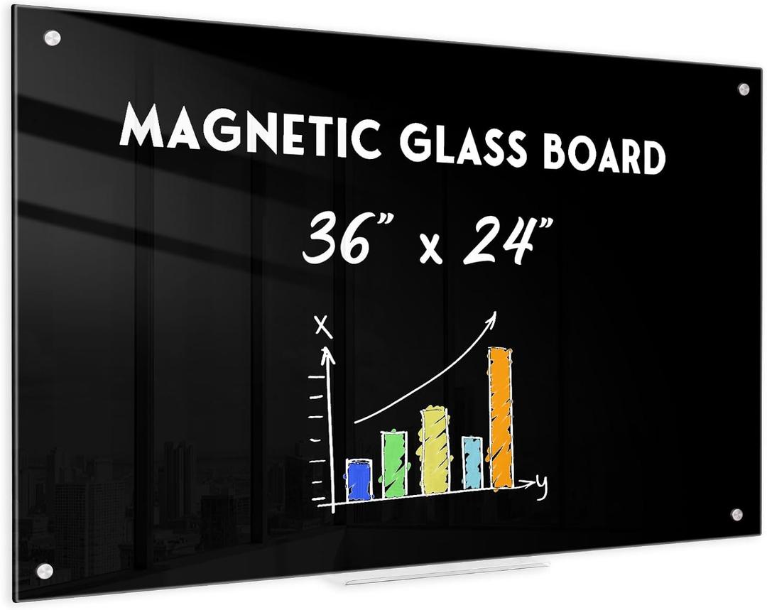 Magnetic Black Glass Dry Erase Board, 36" x 24", Frameless Wall Mount