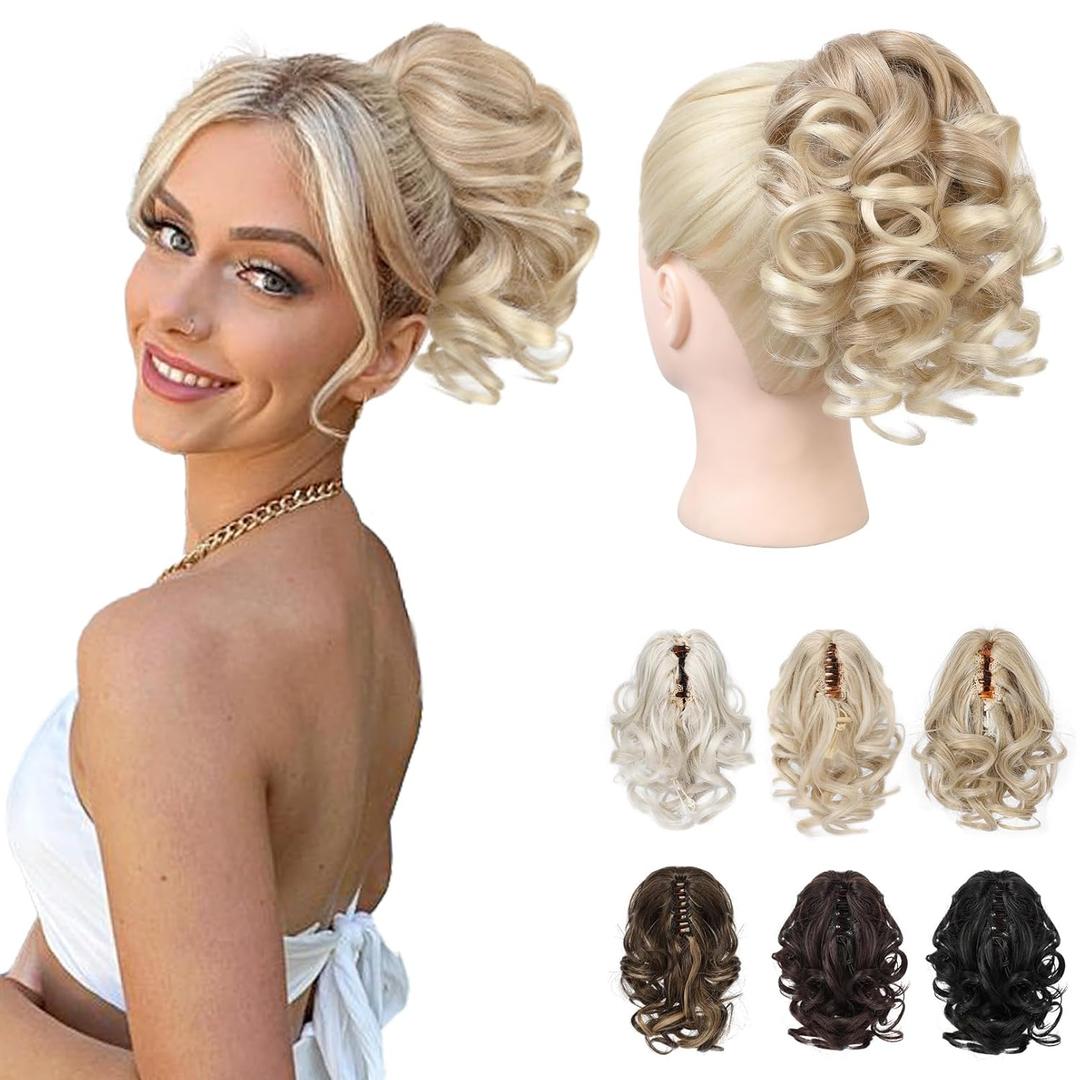 REECHO Ponytail Extension, 9" Claw Clip in Short Curly Wavy Pony Hair Extension Jaw Clip on Pony Tail HP001 Hairpiece for Women - Dark Blonde with Light Blonde Ends