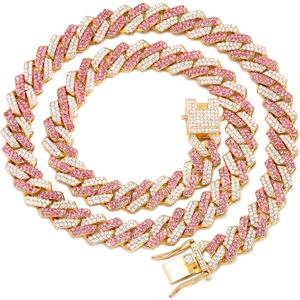 Gold Dog Chain Collar Diamond Cuban Collar Walking Metal Chain Collar with Design Secure Buckle Dog Collars for Medium Large Dogs (24inch, Pink-Gold)