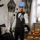 3 Pcs Halloween Costume for Men Included Blue Top Hat Green Textured Gloves and Bloody Inflatable Axe Dumber Costume for Women Adults Halloween Props Accessories