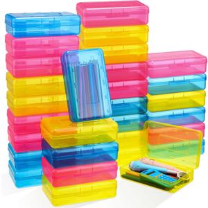 Patelai 30 Pcs Large Capacity Pencil Case Bulk Clear Hard Plastic Pencil Box Organizer with Snap Tight Lid Stackable Crayon Storage Box for Kids School Classroom Home Office 2 Style (Pink Yellow Blue)