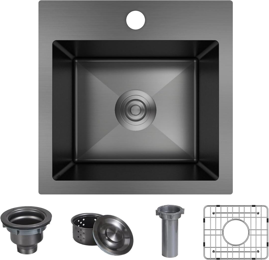 15 x 15 inch Drop in Bar Sink Black, Black Bar Sink 18 Gague Topmount Single Bowl Small Kitchen Sink with Basket Strainer Drain & Bottom Grid