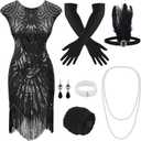 PLULON 1920s Dresses for Women, Sequin Fringed Gatsby Flapper Cocktail Dresses with 20s Accessories Set, Roaring 20s Costumes (Black, XL)