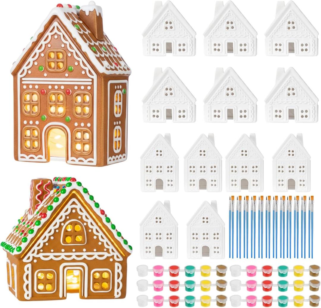 Geelin 12 Sets DIY Ceramic Christmas Gingerbread House Sets Unpainted Gingerbread Houses with Paints Brushes Coloring Xmas Craft Kit for Kids Adult Christmas Party Game Decor, Without Light String