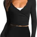 LASLULU Womens Tie Front Wrap Tops Long Sleeve Bolero Shrugs Crop Cardigan Yoga Ballet Cover-up Tops Pilates Outfits (Medium, Black)
