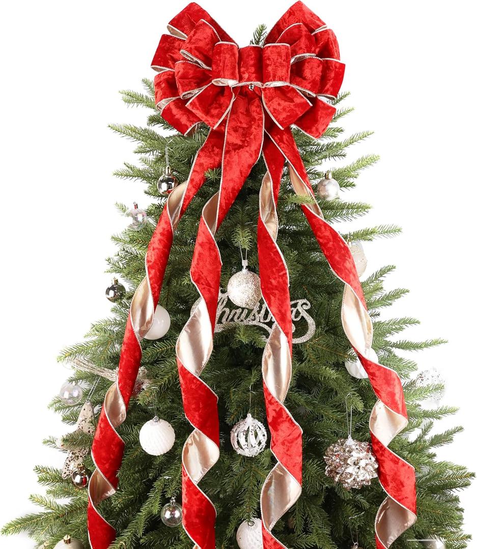 Red Christmas Tree Topper Bows 13 x 53 Large Red and Gold Velvet Christmas Decorative Bows with Long Streamers for Wreaths Door Staircase Ornaments Holiday Crafts Home Decor