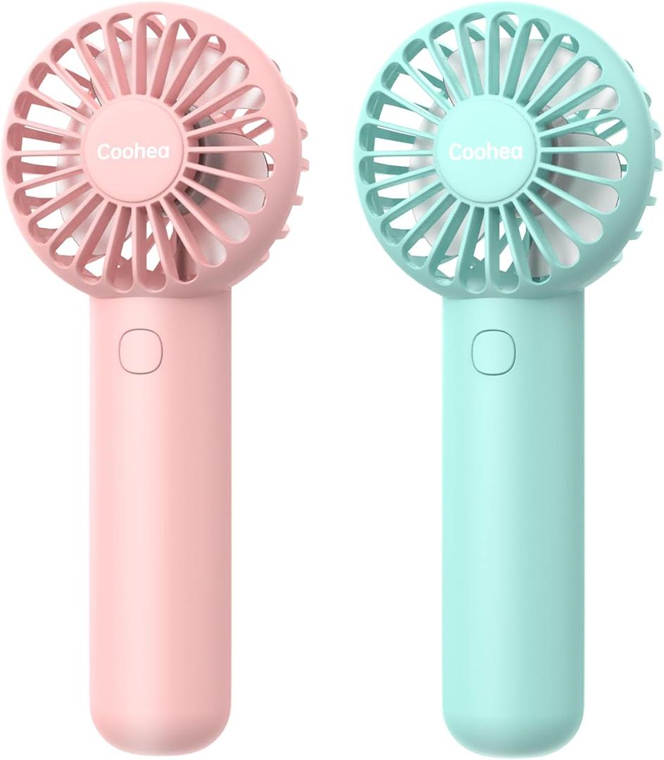 2-Pack Pink & Blue Handheld Fan, Small Cute Design, 3 Powerful Speeds, Operated by USB/Rechargeable Battery, Personal Portable Fan with Base & Lanyard, for Eyelash Makeup Travel Beach Office