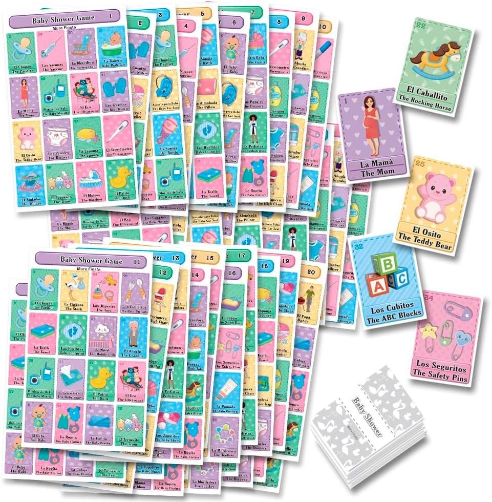 More Fiesta Baby Shower Bingo Tablas Game - Bilingual English Spanish, for up to 40 Players
