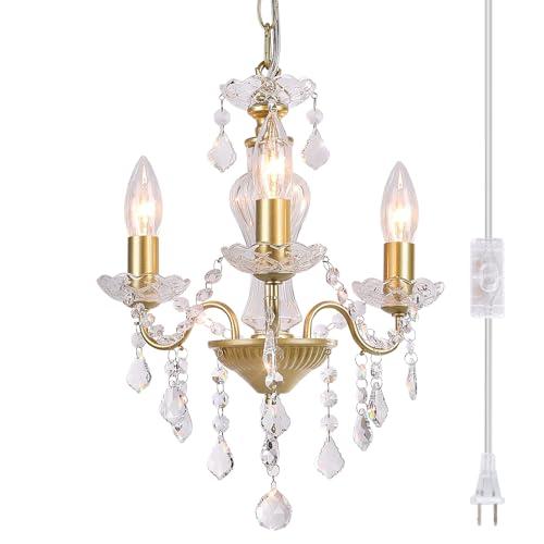 Chanlited Plug in Modern 3-Light Gold Chandelier with Glass Crystals, Candle Style Pendant Light Fixtures for Living Room, Girls Room, Kitchen Island, Entryway(missing bulbs)