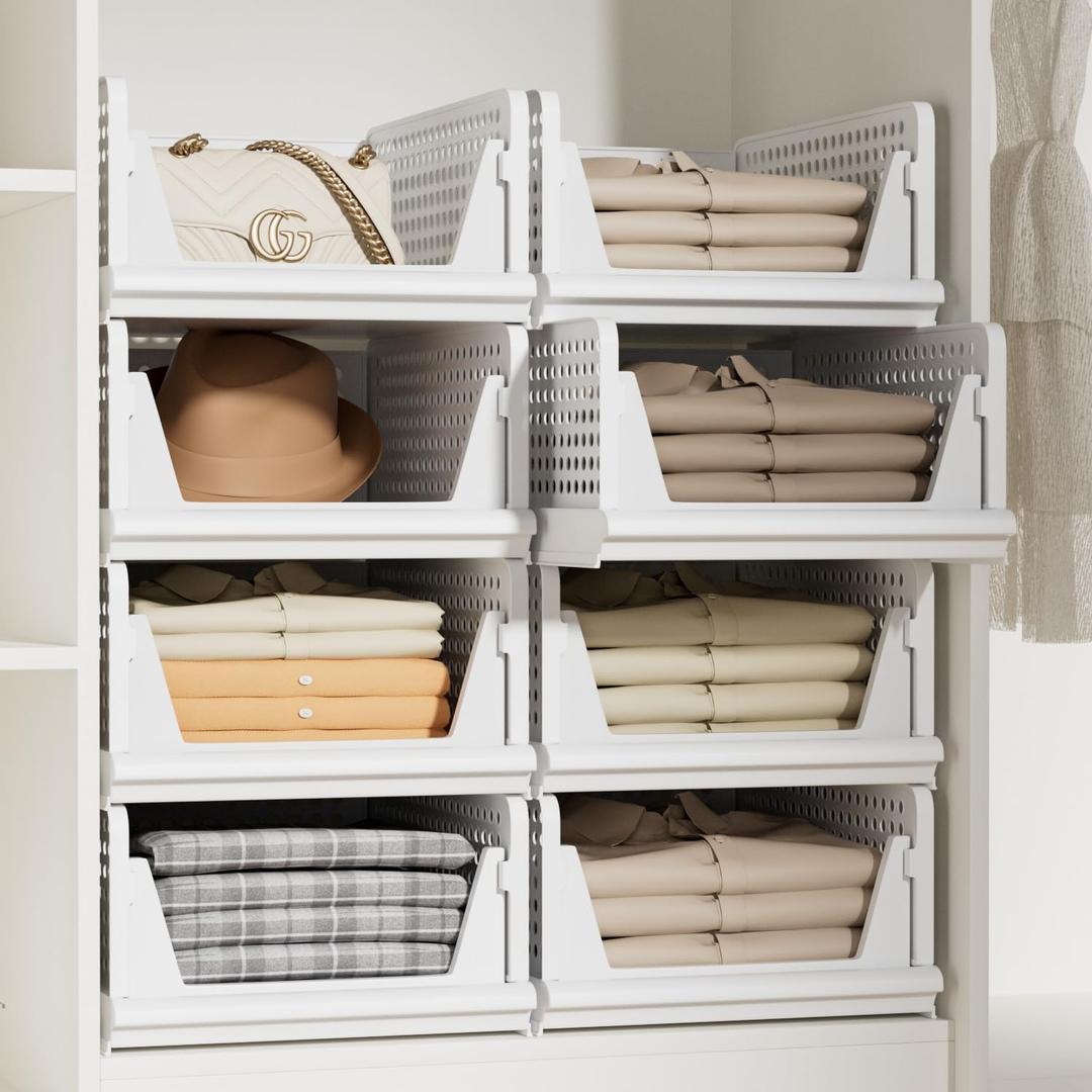 Proarea 5 Pack Stackable Storage Bins, Closet Organizers and Storage, Foldable Closet Organizer Baskets for Clothes, Plastic Drawer Bins for Closet Organization, Wardrobe Shelf, Laundry Room, White
